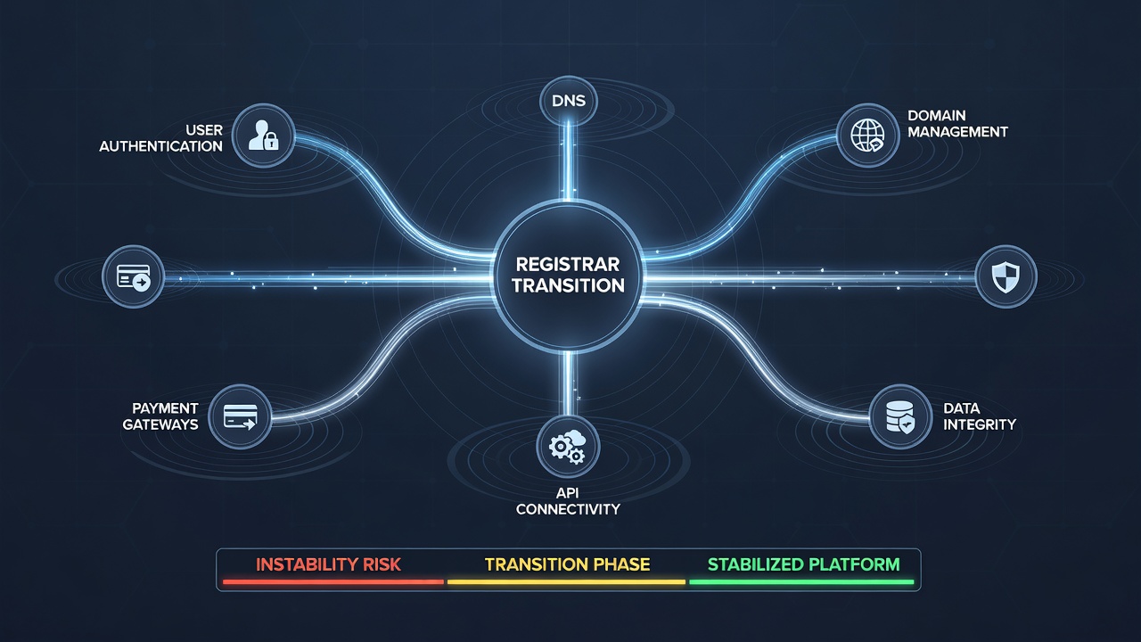 Graph depicting platform uptime metrics before, during, and after a registrar transition with highlighted stability dips